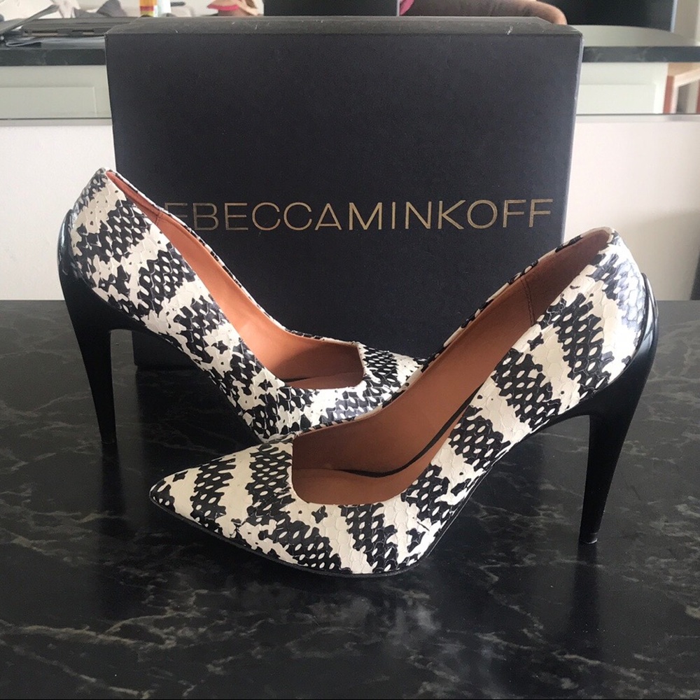 Rebecca Minkoff black/white snake pumps